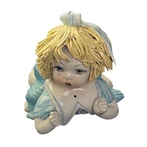 Lino Zampiva Spaghetti Hair Girl Figurine Blue Dress Yellow Hair Italy Signed